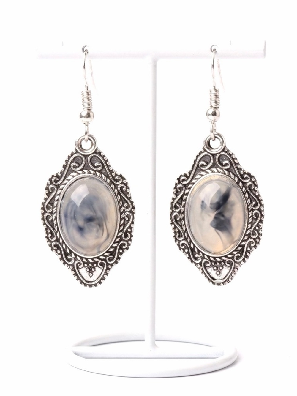 New Sterling Silver White Moonstone Watercolour Rope Antique Boho Bali Earrings